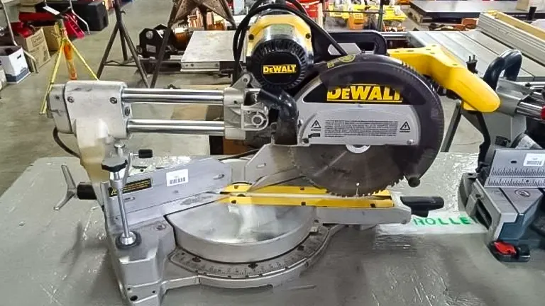 DeWalt DW708 12” Double-Bevel Sliding Compound Miter Saw on workbench in workshop