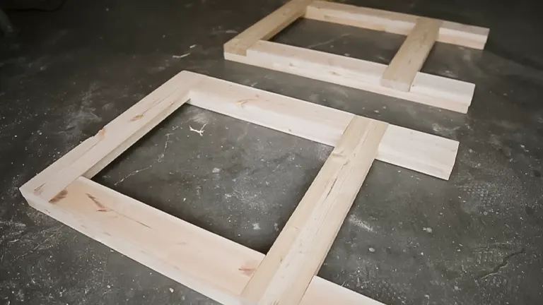 Two staggered wooden frames for a miter saw station on a concrete floor