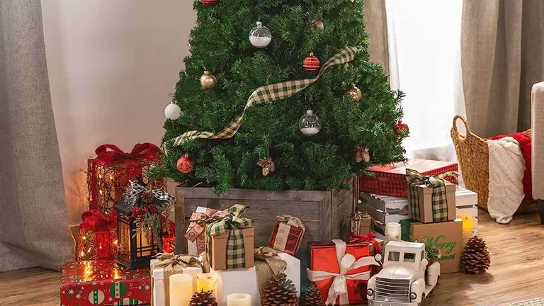 Christmas tree with presents and decorations in a living room.