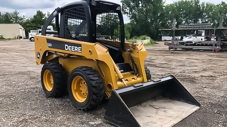 Yellow John Deere 320 skid steer loader with a bucket attachment on a dirt lot.