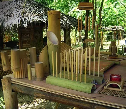 Bamboo tree and bamboo products in a tropical setting.