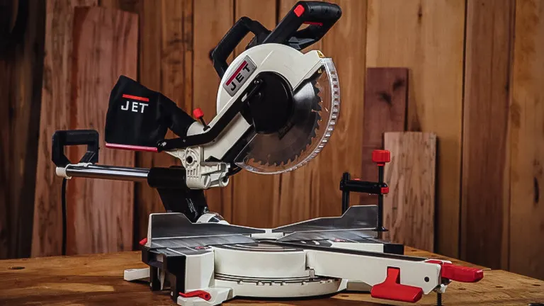 JET JMS-10X 707210 10-Inch Dual-Bevel Compound Miter Saw on a wooden surface