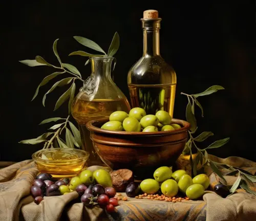 Still life of olive oil bottles and bowls of olives on a table