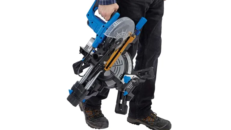 Person holding a blue and black Mastercraft MS185 7-1/4 in Single-Bevel Sliding Compound Miter Saw