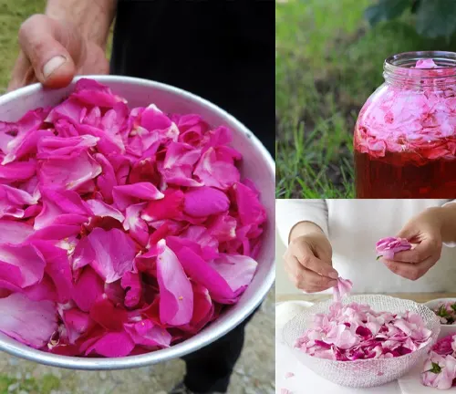 Collage of three images showing a bowl of pink rose petals, a jar of rose water, and a person peeling rose petals