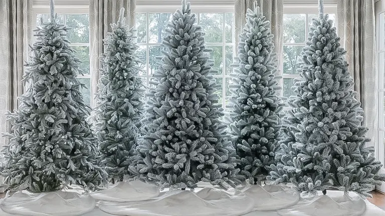 Three snow-covered Christmas trees in front of a window.
