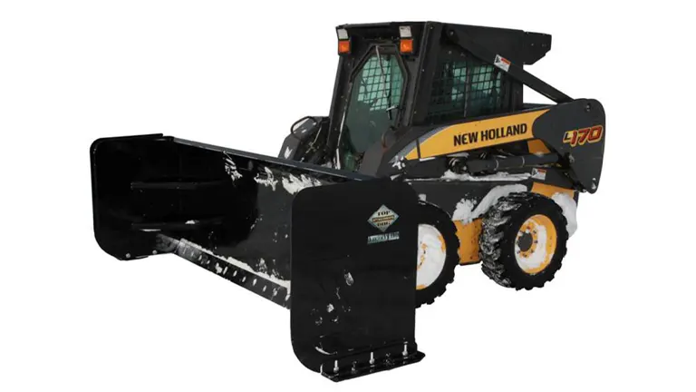 Yellow and black New Holland L170 skid steer loader with a black bucket attachment.