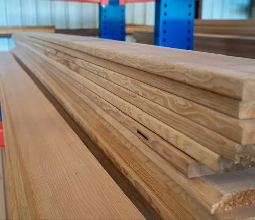 Stack of wooden planks in warehouse.