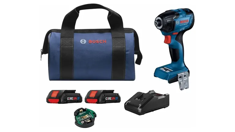 BOSCH GDR18V-1860CB25 18V Hex Impact Driver Kit with accessories.