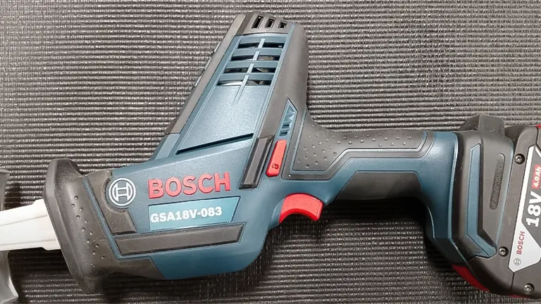 Close up of a BOSCH GSA18V-083B 18V Compact Reciprocating Saw on a gray background