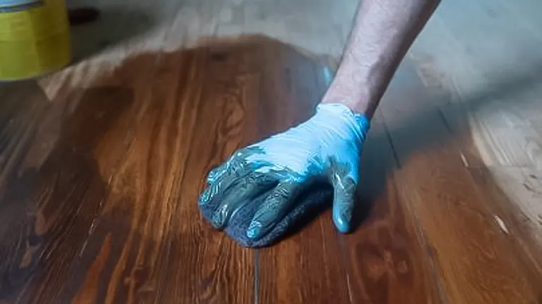 Hand in blue glove applying lighter stain to a dark brown hardwood floor
