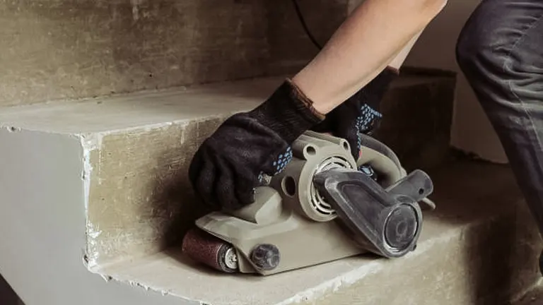 Person using a belt sander on a concrete step