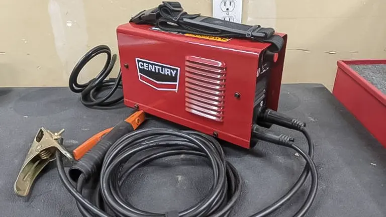 Red Century Inverter Arc 120 Stick Welder with cables and clamp on a gray surface