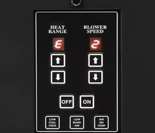 Black control panel with red LED lights for heat range and blower speed.