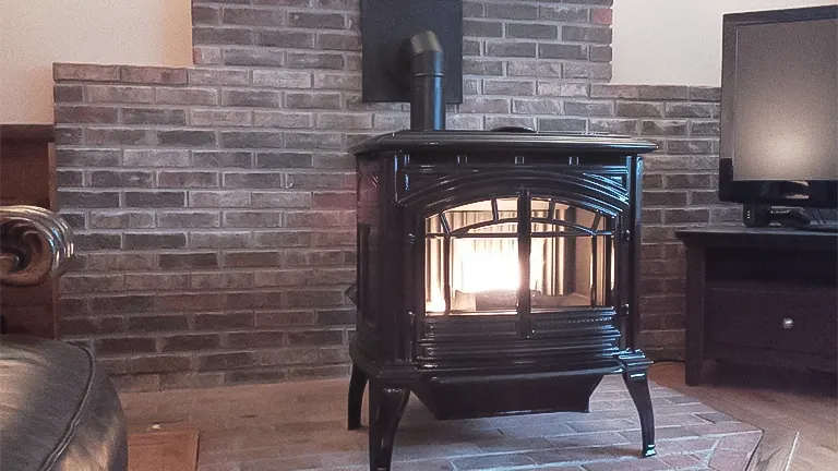 Black wood-burning stove in a living room with a brick wall.