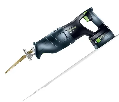 Festool Cordless Reciprocating Saw RSC 18 EB-Basic 576947 with a long blade and green battery pack on a white background