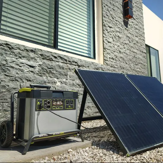 A portable solar panel and generator outside a modern building.