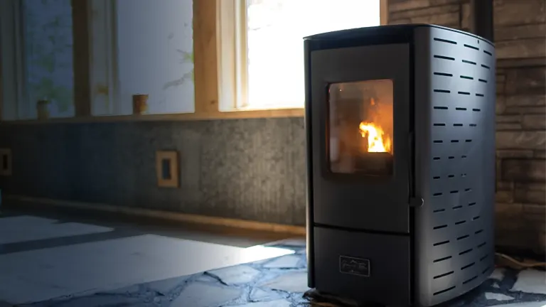 Black pellet stove with a fire burning inside in a room with a window and tiled floor.