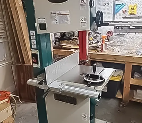 Workshop with a table saw and various tools.