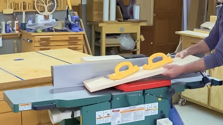 Person using a table saw in a woodworking workshop.