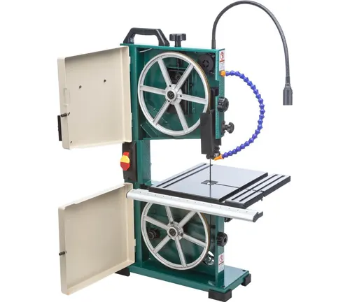 Grizzly Industrial 9" Benchtop Bandsaw with Laser Guide with a blue hose attached.