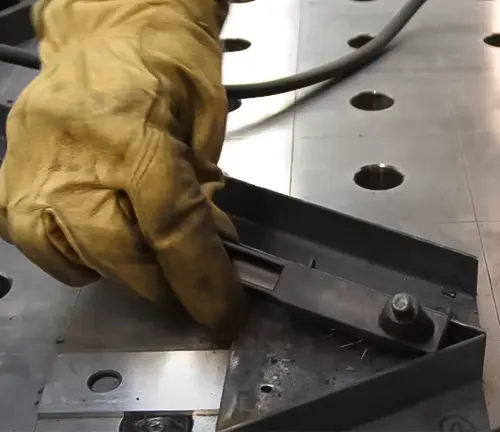 Person in yellow glove using Grizzly G0880 85A Stick Welder in a workshop.