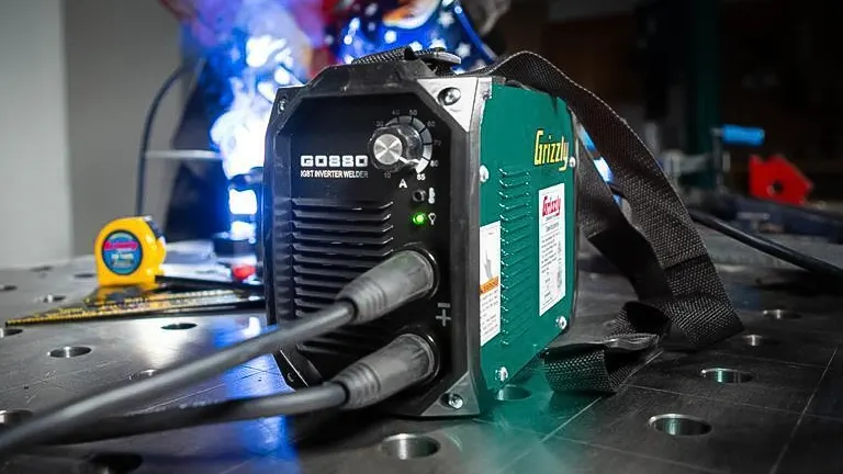 Grizzly G0880 85A Stick Welder on a workbench, with welding equipment in the background.