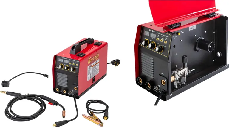 Grizzly G0882 200A MIG Welder with accessories and open control panel.