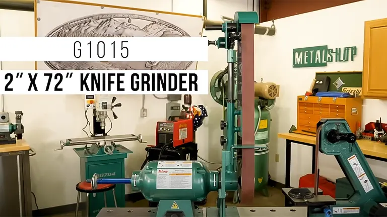 Grizzly G1015 2"x 72” knife grinder in a workshop setting with a red motor and a black belt