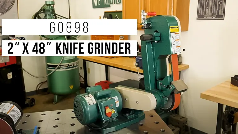 Grizzly 2” x 48" 2-Wheel Belt Grinder/Sander in a workshop setting with a red power switch