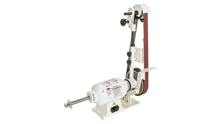 Shop Fox W1843 a white and red machine with a vertical belt and a horizontal motor