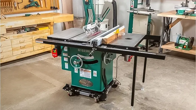 Green table saw in workshop.