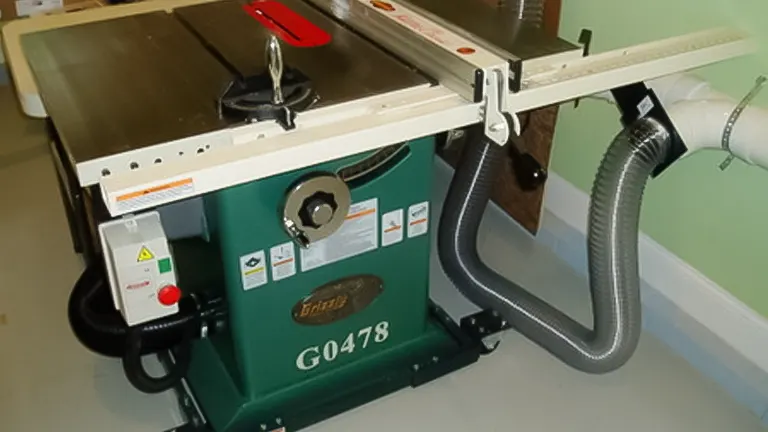 Grizzly GO478 Hybrid Table Saw with dust collection hose.