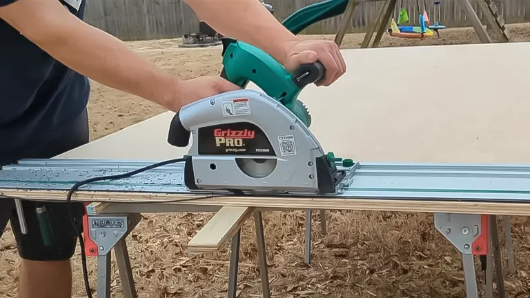 Person using a Grizzly Pro circular saw on a wooden board.