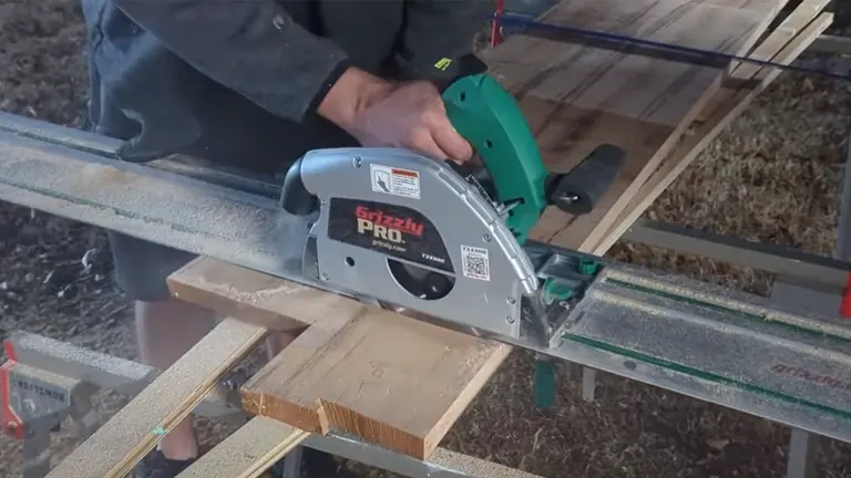 Person using a Grizzly Pro circular saw in a workshop.