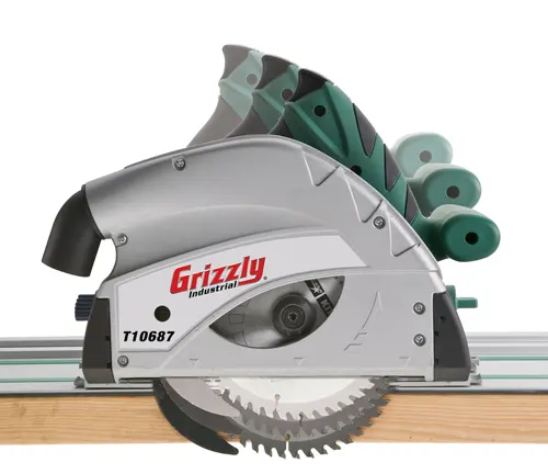 Grizzly Industrial T10687 circular saw on a wooden surface.