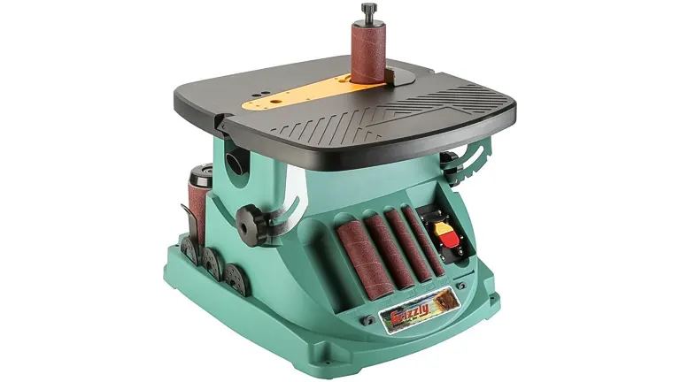 Green and black Grizzly T27417 Oscillating Edge Belt and Spindle Sander on a white background