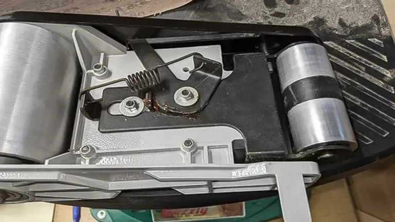 Close up of Grizzly T27417 Oscillating Edge Belt and Spindle Sander’s belt and spindle mechanism