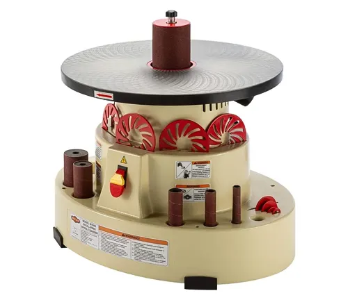 Beige Grizzly T27417 Oscillating Edge Belt and Spindle Sander with red and yellow accents