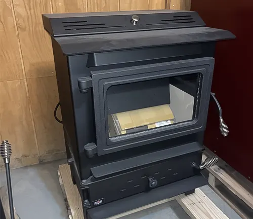 Black wood-burning stove with glass window in wooden room.