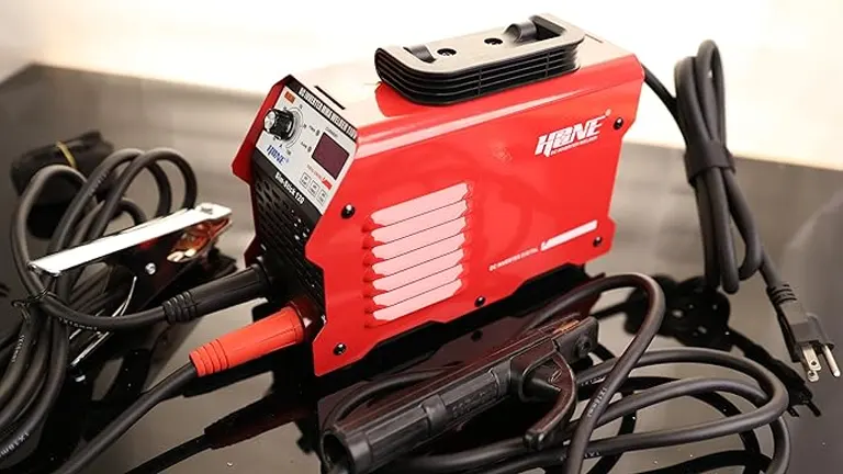 Red HONE Stick Welder 110V/220V Actual 140Amp ARC Welder Machine with cables and accessories on a black surface