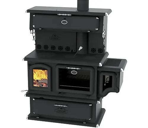 Black J. A. ROBY wood burning cook-stove with fire in oven