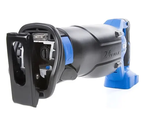A Kobalt 24-Volt Max-Volt Variable Speed Cordless Reciprocating Saw, a blue and black cordless saw with a blade