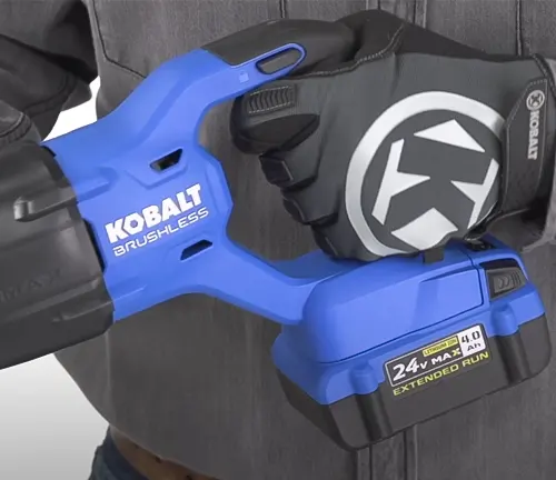 A close-up view of the Kobalt 24-Volt Max-Volt Variable Speed Cordless Reciprocating Saw, showcasing its sturdy design and durable blade