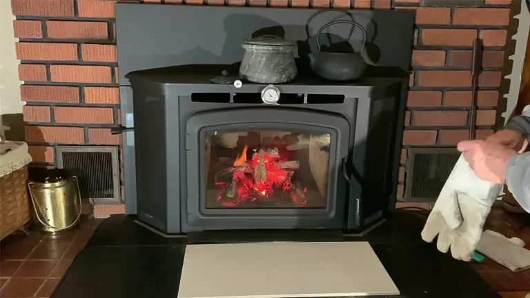 Black wood burning stove with a fire inside, a person’s hand holding a cloth, and a brass bucket.