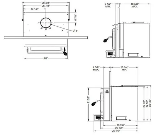 Technical drawing of a wood stove with dimensions and labels