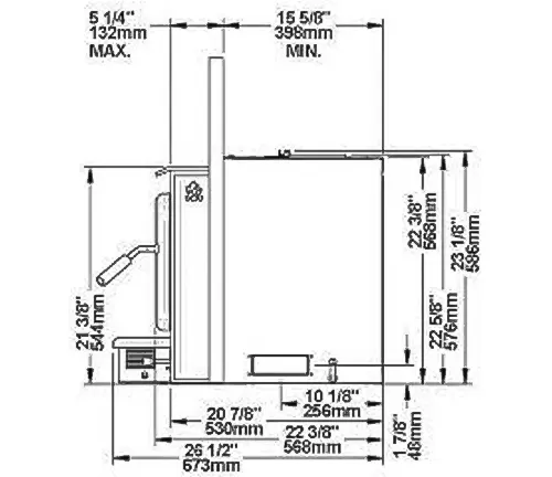 Side view of a wood stove with levers and dimensions.