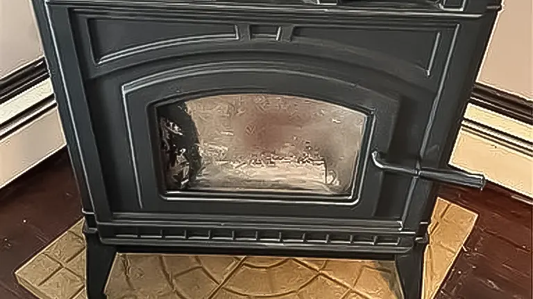 Black wood-burning stove with a glass door on gold tiles