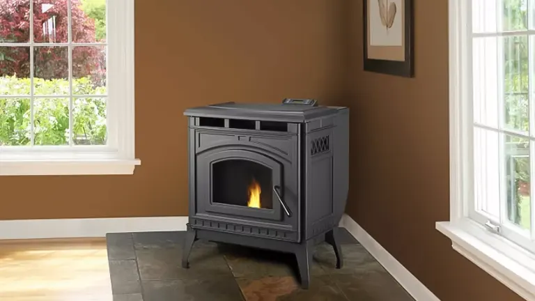 Black wood-burning stove in a living room with a window view
