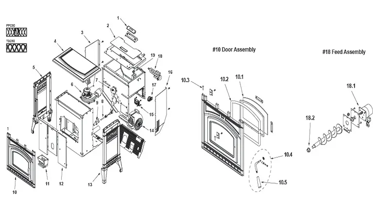 Exploded view of a door and feed assembly for a stove.